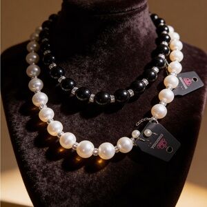 2  Faux  Pearl and Black Bead Statement Necklaces -1 White & 1 Black